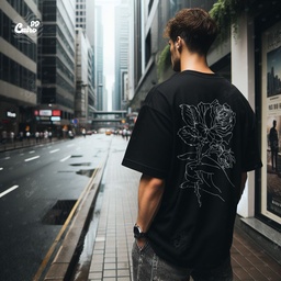 White Rose تيشيرت اوفر سايز قطن باللون الاسود للرجال