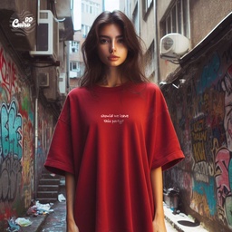 Should We Leave This Party ? تيشيرت اوفر سايز قطن باللون الاحمر للنساء