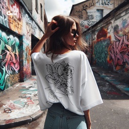 Flower تيشيرت اوفر سايز قطن باللون الابيض للنساء