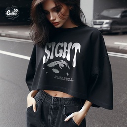 Sight  كروب توب اوفر سايز قطن باللون الاسود