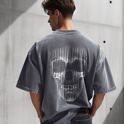 Ghost Skull تيشيرت اوفر سايز قطن باللون الرمادي للرجال