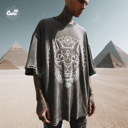 Pharaonic Bastet تيشيرت اوفر سايز قطن باللون الرمادي للرجال