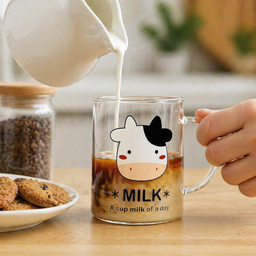 [HH00012631] مج زجاج شفاف مطبوع بيد 450 مللي لشرب النسكافيه واللاتيه