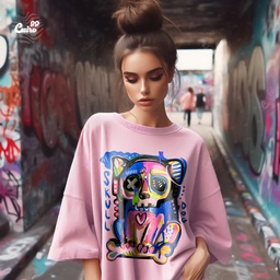 Skull Dog تيشيرت اوفر سايز قطن باللون البينك للنساء