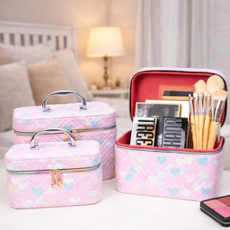 [HH00014059] مجموعة شنط جلد 3 قطع بماقسات مختلفة لتنظيم وحمل الميك اب مزينة بقلوب