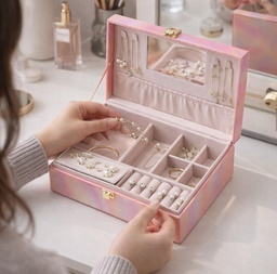 [HH00014062] صندوق جلد بمرآة لتنظيم الإكسسوارات والمجوهرات بغطاء محكم الغلق