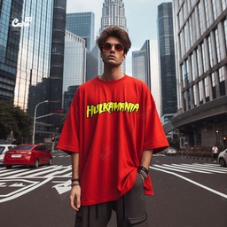 Hulkamania تيشيرت اوفر سايز قطن باللون الاحمر للرجال