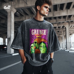 Grunge Street Fighter تيشيرت اوفر سايز قطن باللون الرمادي للرجال
