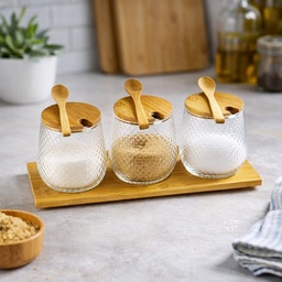 [HH00014425] طقم برطمانات زجاج 3 قطع للتوابل مع قاعدة خشب 350 مللي