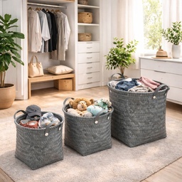 [HH00014925] طقم باسكت تخزين من الرتان باللون الرمادي - 3 قطع