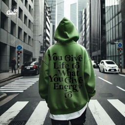 You Give Life To What You Give Energy To هودي اوفر سايز قطن للرجال باللون الزيتوني