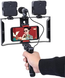 [HH00016132] ترايبود ثلاثي القوائم بمقبضين مع مايك وإضاءة مزدوجة لتصوير فيديو احترافي