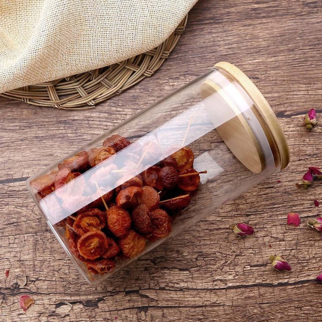 علبة دائرية اكليريك شفاف لحفظ البقوليات والمكسرات بغطاء خشب