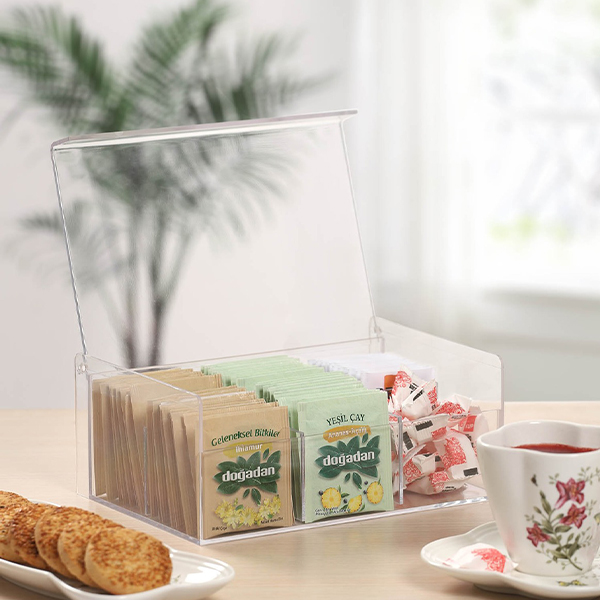 صندوق منظم وحامل لأكياس الشاي والأعشاب والكاندي مقسم 6 خانات من الأكليريك الشفاف
