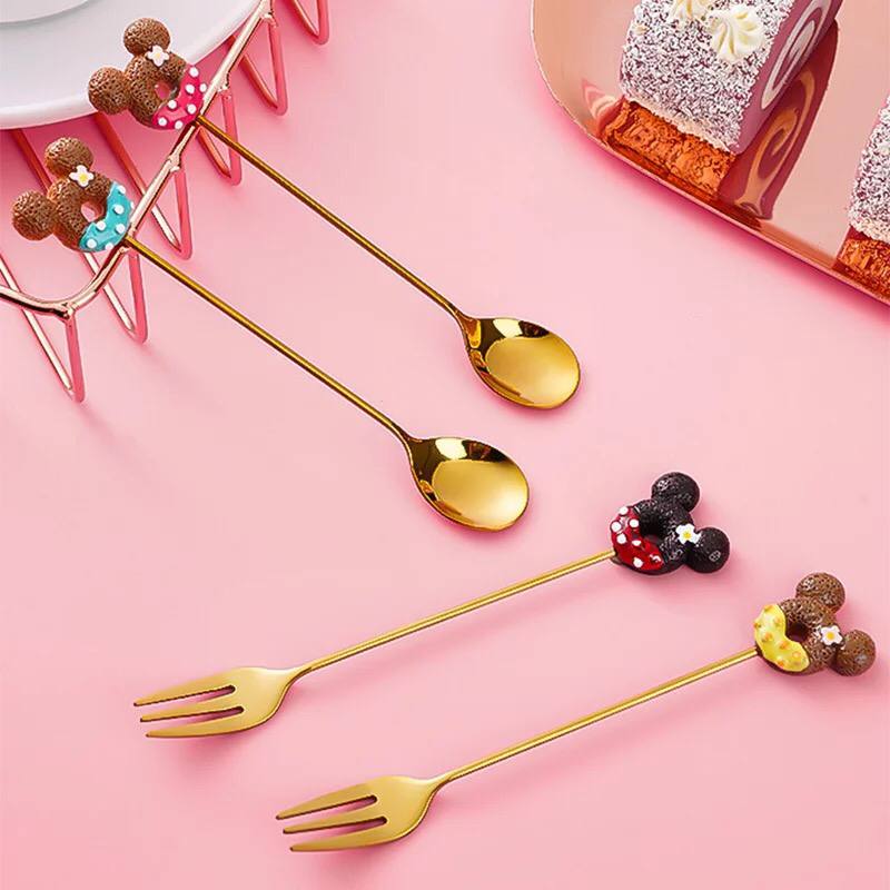 طقم معالق وشوك ميكي ماوس 4 قطع استانليس مطلي باللون الذهبي