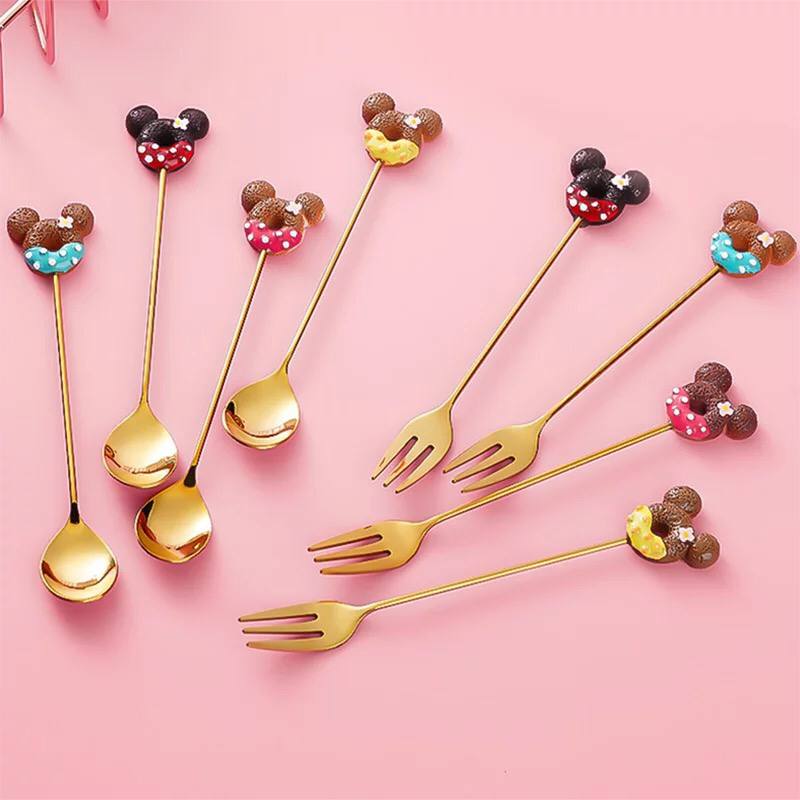 طقم معالق وشوك ميكي ماوس 4 قطع استانليس مطلي باللون الذهبي