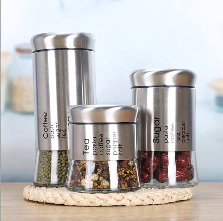 طقم توابل 3 قطع بمقاسات مختلفة لحفظ وتنظيم الفلفل والملح والشطة من الزجاج والاستانليس