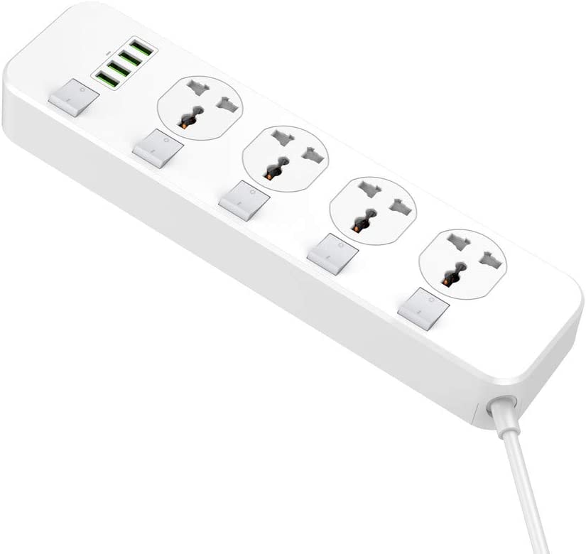 مشترك كهربائي 4 فيشةمع 4 منافذ يو اس بي بمفاتيح منفصلة سريع الشحن للأجهزة والموبايلات