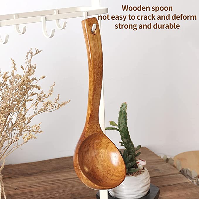 مغرفة خشبية بمقبض منحني طويل الخضار والشوربة والأرز بفتحه للتعليق في المطبخ