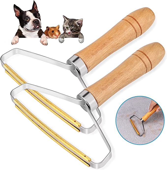 لمامة يدوية لإزالة الوبر وشعر الحيوانات من الملابس والسجاد والمفروشات بمقبض خشبي مريح