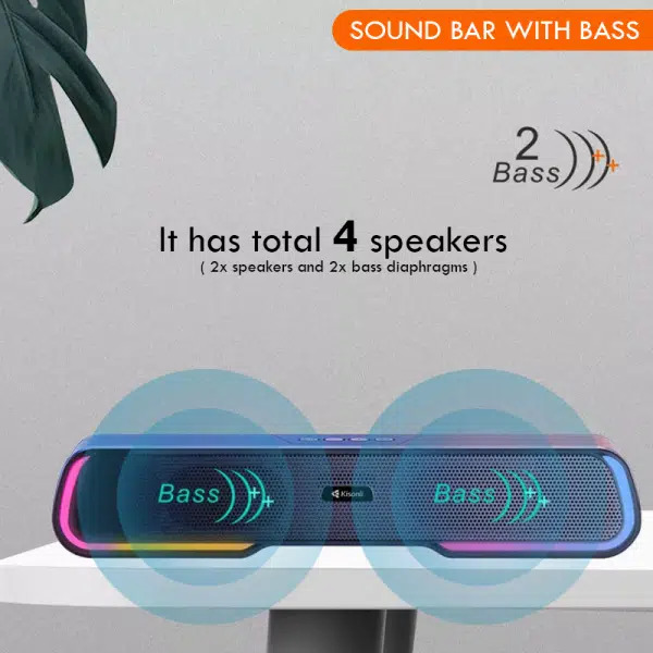 ساوند بار لاسلكي مضئ يتصل بالبلوتوث والا يو اكس بمنفذ ميكرو ويو اس بي مناسب لتشغيل الراديو وعمل المكالمات