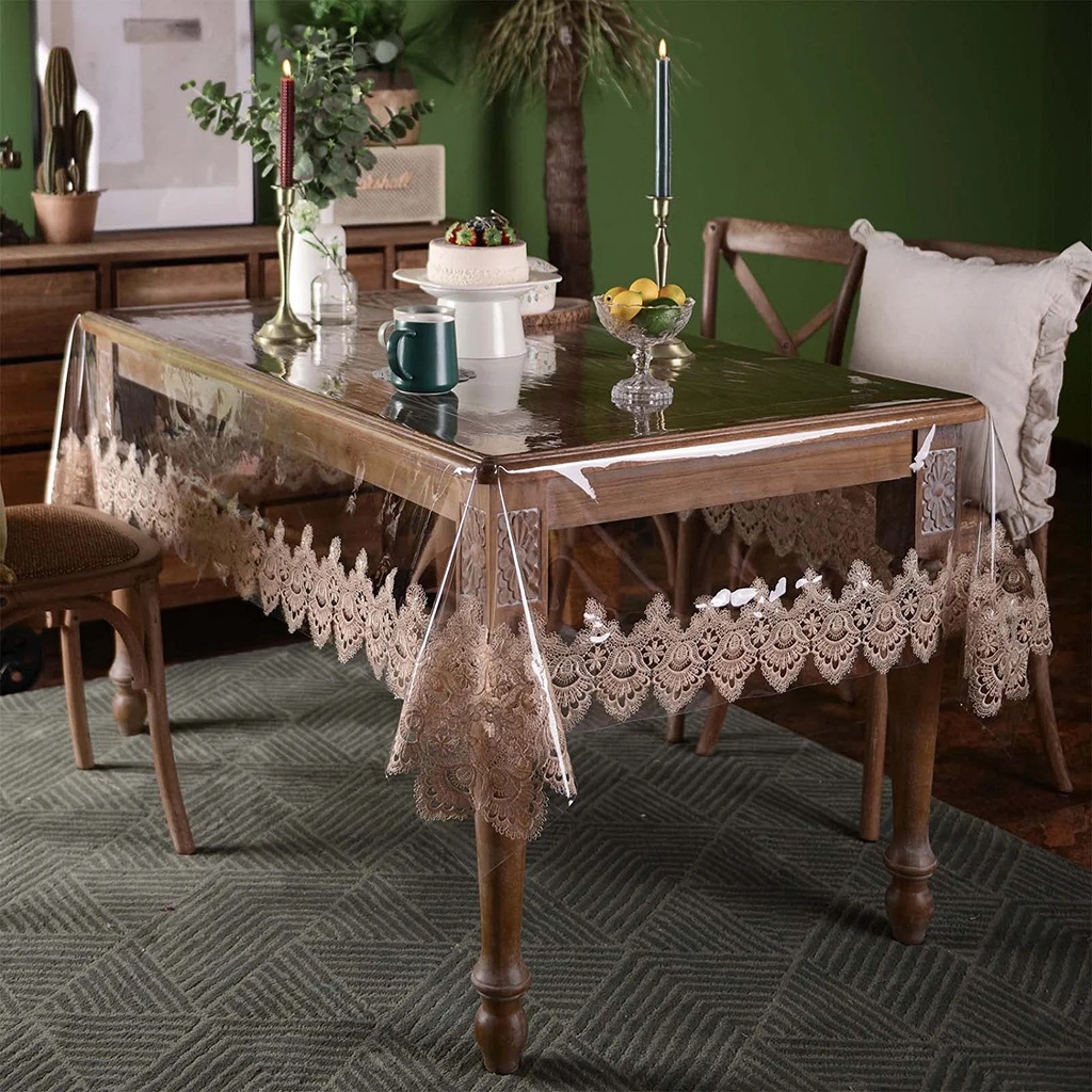 مفرش كبير وتربروف شفاف مع حروف دانتيل أنيقة للسفرة وترابيزة المطبخ