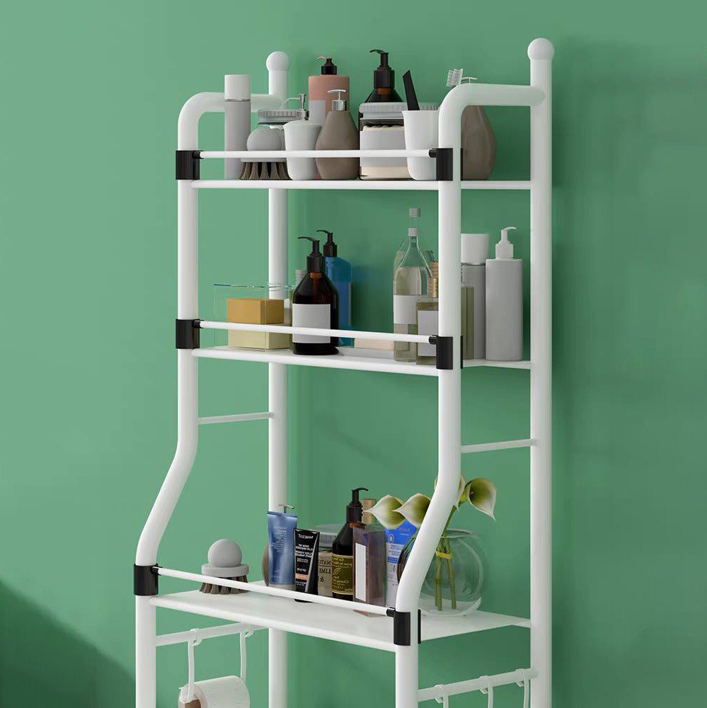 استاند منظم وحامل ادوات الحمام فوق الغسالة والتواليت 3 رفوف مع هوكات جانبية لتعليق الفوط متعدد الاستخدام