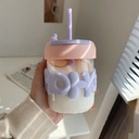 Cute glass double drinking cup with Lid &amp; Straw &amp;  for Water &amp; Juice 400 ml