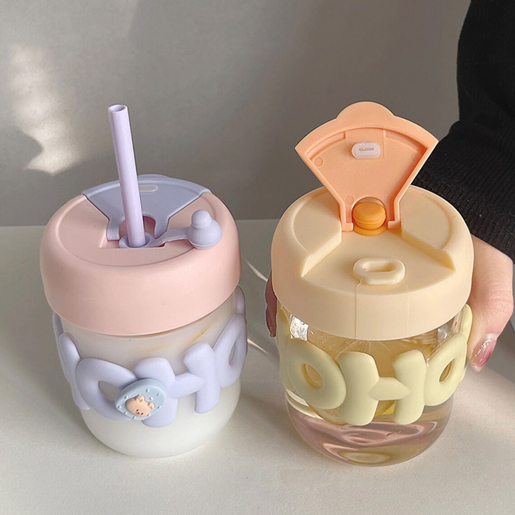 Cute glass double drinking cup with Lid &amp; Straw &amp;  for Water &amp; Juice 400 ml