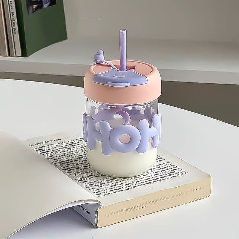 Cute glass double drinking cup with Lid &amp; Straw &amp;  for Water &amp; Juice 400 ml