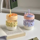 Cute glass double drinking cup with Lid &amp; Straw &amp;  for Water &amp; Juice 400 ml