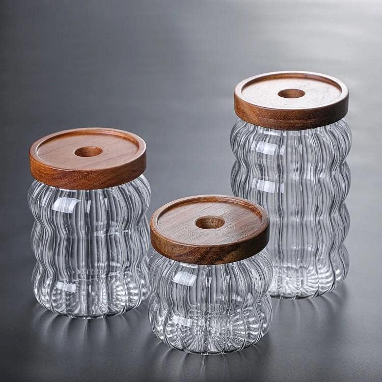 برطمان زجاج مضلع 350 ملي بغطاء خشبي محكم الغلق لحفظ وتخزين التوابل والشاي والسكر والقهوة