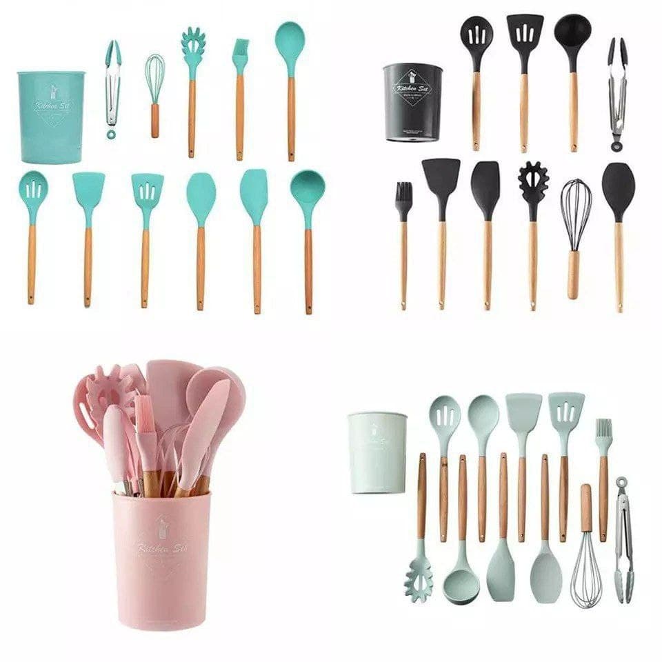 طقم توزيع سيليكون بيد خشب 12 قطعة بالحامل