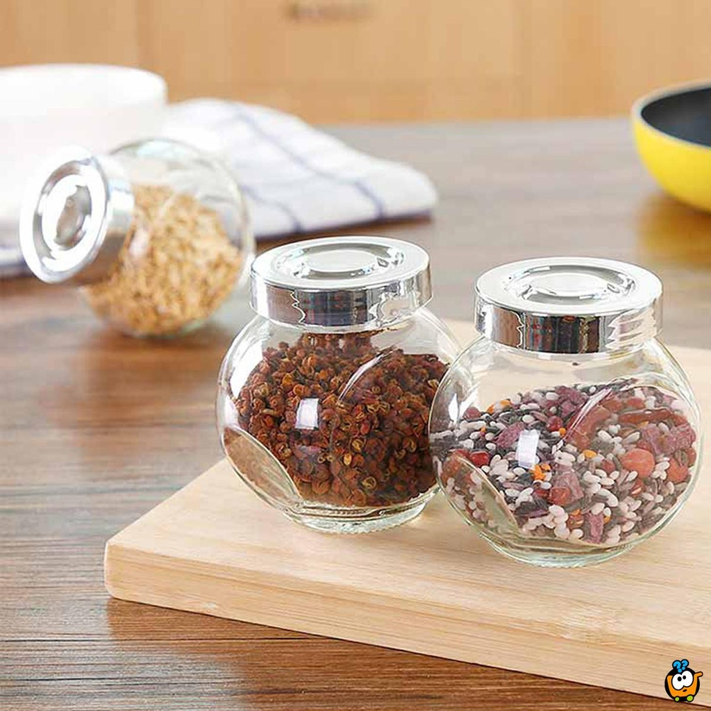 طقم توابل زجاج 4 قطع لحفظ وتنظيم الفلفل والملح والشطة بغطاء محكم الغلق