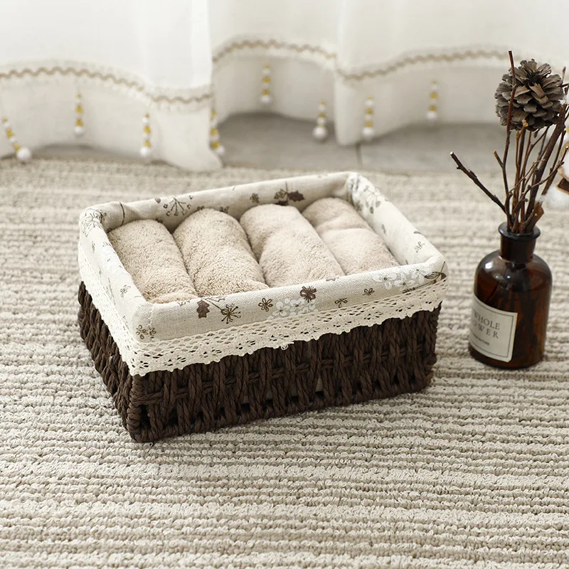 طقم باسكت خوص 3 قطع بمقاسات مختلفة ببطانه كتان لتنظيم وحمل ادوات الميكب والعناية بالشعر والبشرة