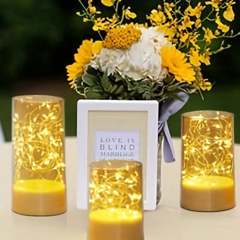 طقم شمع زجاجي 3 قطع مقاسات مختلفة مضئ بدون لهب يعمل بالبطاريات لتجديد الديكور