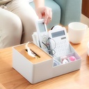 علبة مناديل بغطاء خشبي مقسم 6 خانات لتنظيم ادوات المكتب متعدد الوظائف