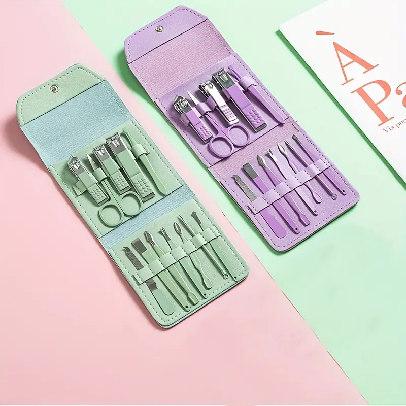 طقم باديكير 12 قطعة بمحفظة جلد للعناية بأظافر اليد والقدم