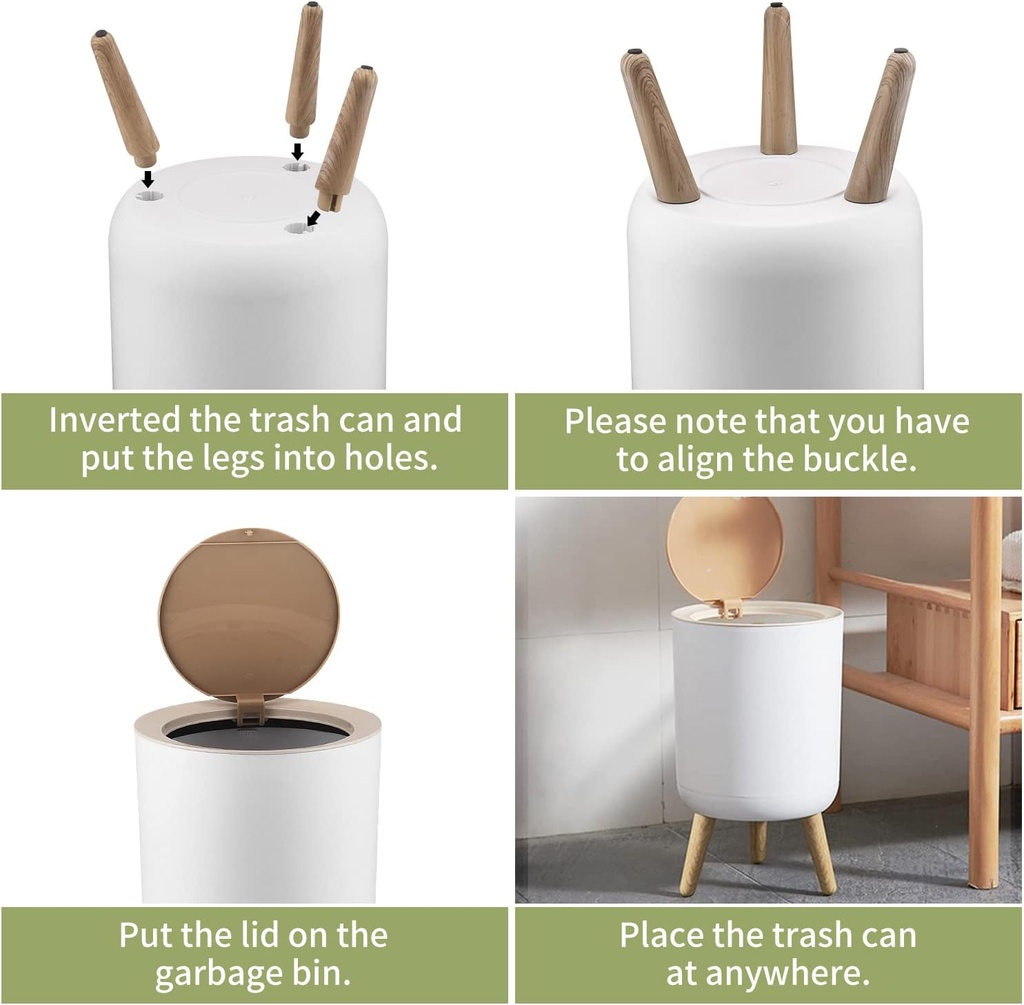 سله مهملات مع غطاء علوي يعمل بالضغط مع 3 ارجل خشب 7 لتر  سعة كبيرة مناسبة لغرف المعيشة و المطبخ