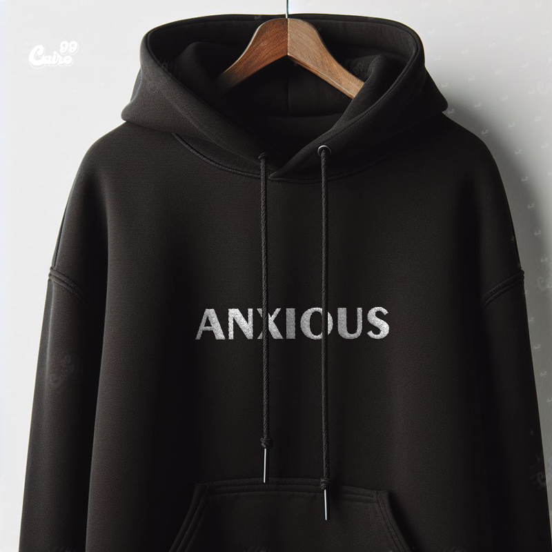 Anxiousهودي اوفر سايز قطن بكابيشو باللون الاسود للرجال والنساء