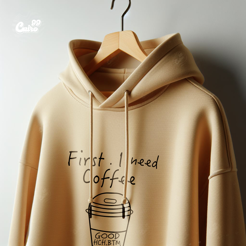 First . I Need Coffee هودي اوفر سايز قطن باللون البيج