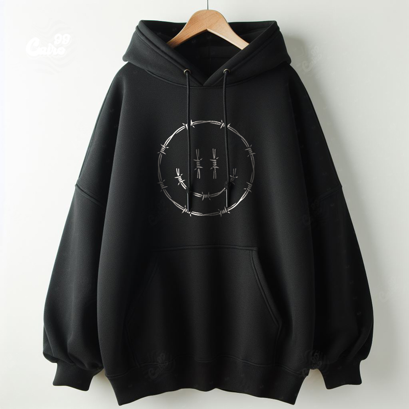 Smile  هودي اوفر سايز قطن باللون الاسود