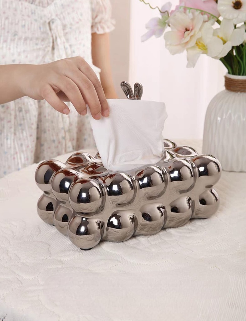 علبة مناديل انيقة من الستانليس ستيل شكل بابلز مزينة بارنوب مجسم مناسب لديكور الطاولة والكومود والبوفيه