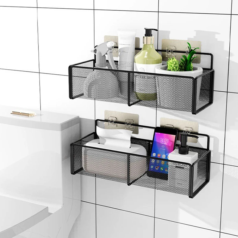 رف ومنظم معدن لحمل ادوات المطبخ والاسكين كير والشامبوهات مزود بهوك دابل فيس قوي