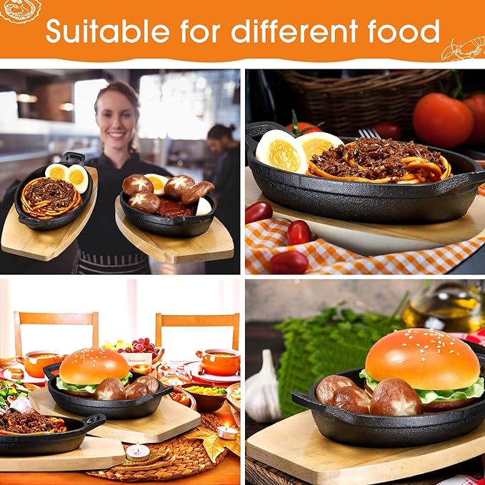 طاسة من الحديد الزهر بيضاوية بيد و قاعدة خشبية لتقديم الاكل بطريقة مميزة و المحافظة علي درجة حرارتها