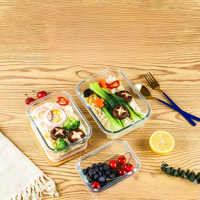 علبة تلاجة زجاج لحفظ وتنظيم الطعام بغطاء خشبي محكم الغلق لحفظ الطعام طازج