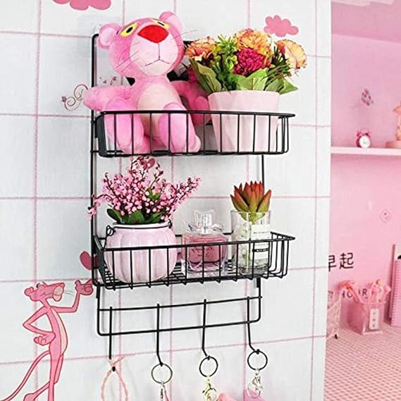 رف معدن 2 دور قابل للفك و التركيب مزود ب 4 هوك لحمل و تنظيم ادوات المطبخ و الحمام