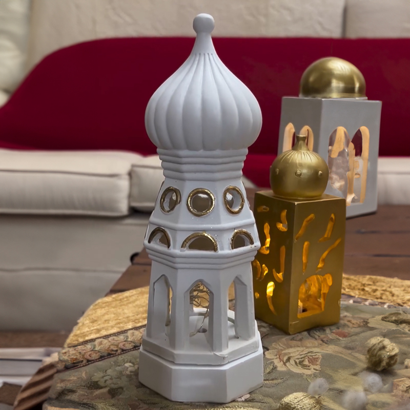 فانوس مرحب مرحب يا هلال مضئ شكل مئذنة من الجبس