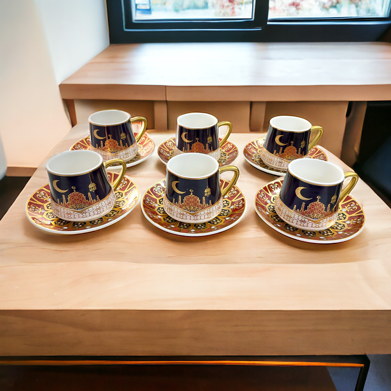 طقم شاي 12 قطعة 6 مجات مع 6 اطباق بورسلين مزين برسومات رمضانية مبهجة