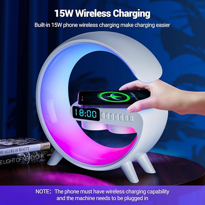 اباجورة 6*1متعددة الاستخدامات ( اضائة متعددة الالوان و ساعه رقمية و مكبر صوت و شاحن لاسلكي و ساعة و  منبه) لغرفة النوم و المعيشة و لاجواء هادئة